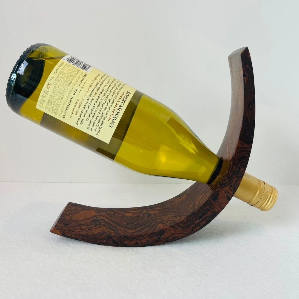 Handcrafted Wooden Balancing Wine Bottle Holder Etched Dragonfly Floral NO Bottl